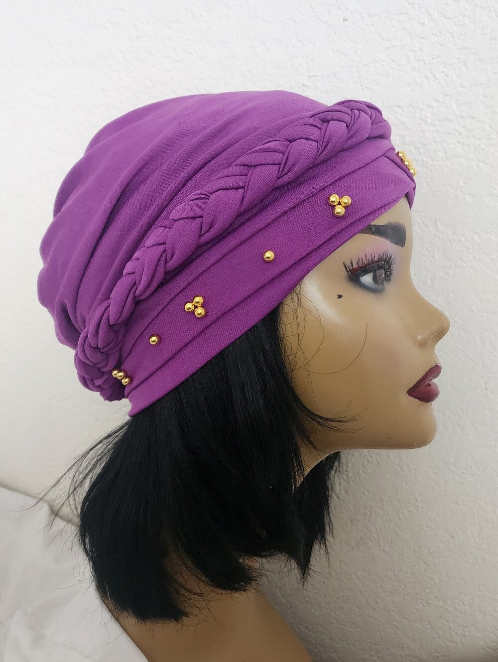 New Wildberry Purple Braided Turban Head Wrap with Gold Bead Accents